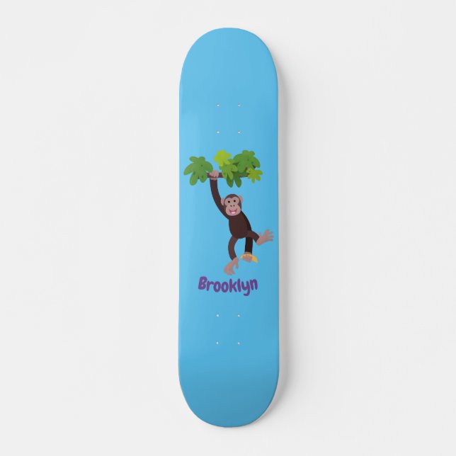Cute chimpanzee in jungle hanging cartoon skateboard (Front)