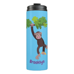 Cute chimpanzee in jungle hanging cartoon thermal tumbler