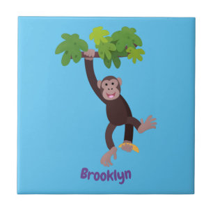 Cute chimpanzee in jungle hanging cartoon tile