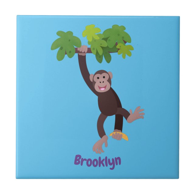 Cute chimpanzee in jungle hanging cartoon tile (Front)