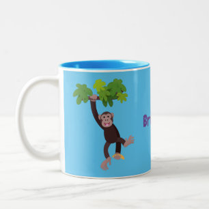 Cute chimpanzee in jungle hanging cartoon Two-Tone coffee mug