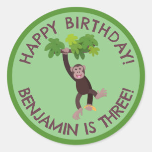 Cute chimpanzee in jungle personalized birthday classic round sticker