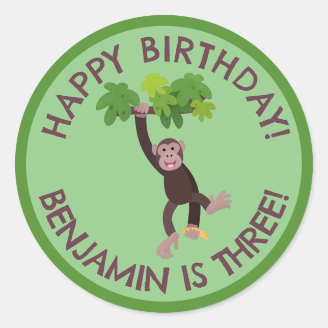 Cute chimpanzee in jungle personalized birthday classic round sticker (Front)