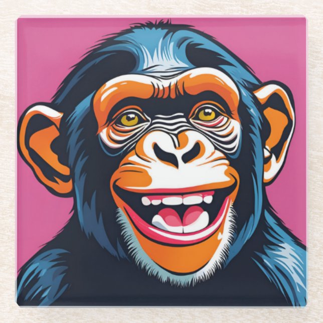 Cute Chimpanzee Laughs Glass Coaster (Front)