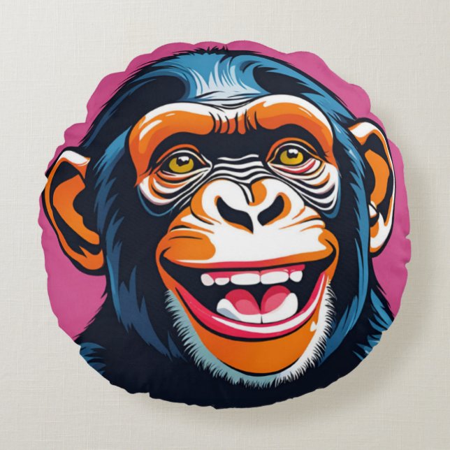 Cute Chimpanzee Laughs Round Pillow (Front)