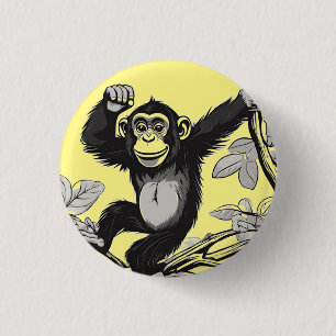 Cute chimpanzee on the branch greets 1 inch round button