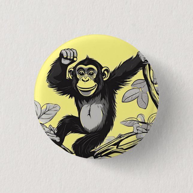 Cute chimpanzee on the branch greets 1 inch round button (Front)