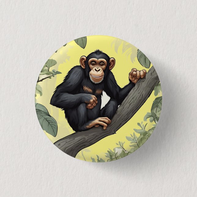Cute chimpanzee on the branch greets 1 inch round button (Front)