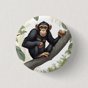 Cute chimpanzee on the branch greets 1 inch round button