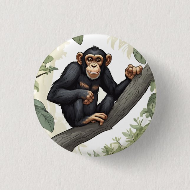 Cute chimpanzee on the branch greets 1 inch round button (Front)