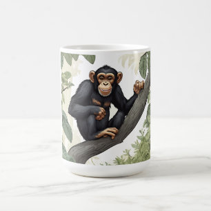 Cute chimpanzee on the branch greets coffee mug