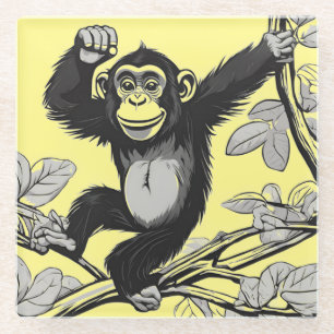Cute chimpanzee on the branch greets glass coaster