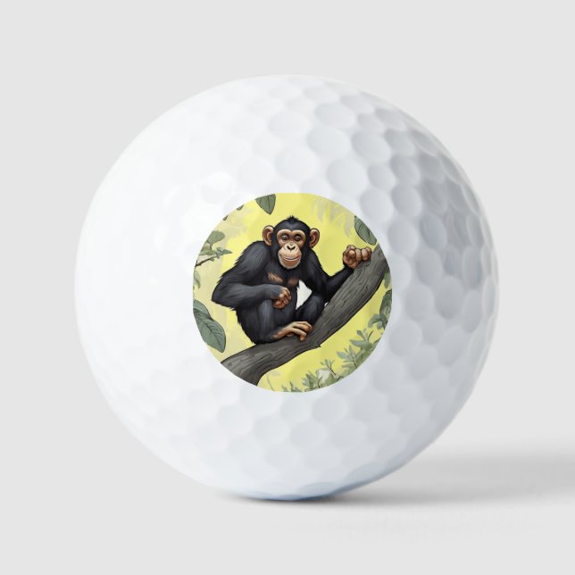 Cute chimpanzee on the branch greets golf balls (Front)