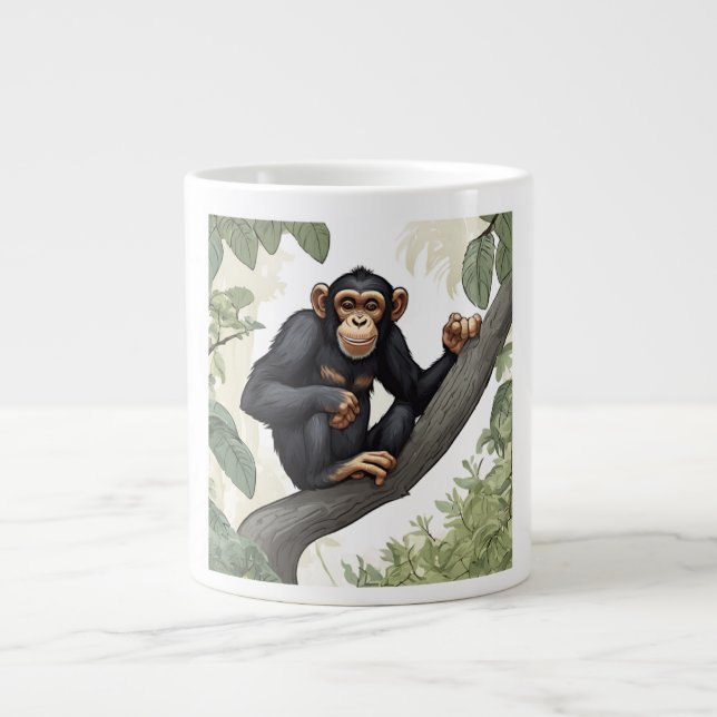 Cute chimpanzee on the branch greets large coffee mug (Front)