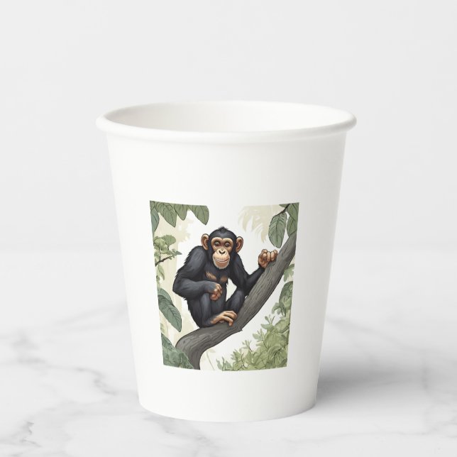 Cute chimpanzee on the branch greets paper cups (Front)