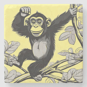 Cute chimpanzee on the branch greets stone coaster