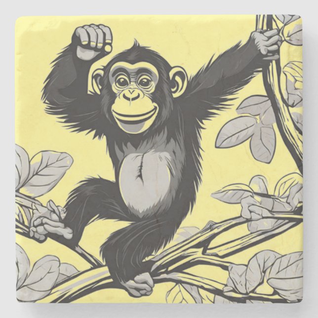 Cute chimpanzee on the branch greets stone coaster (Front)