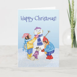 Cute chimps building a snowman Christmas card
