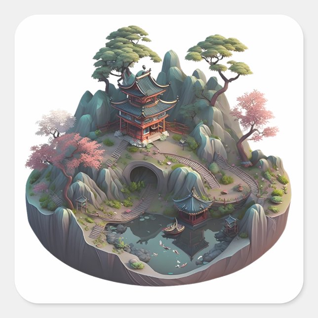 Cute Chinese Fantasy 3D Landscape Square Stickers (Front)