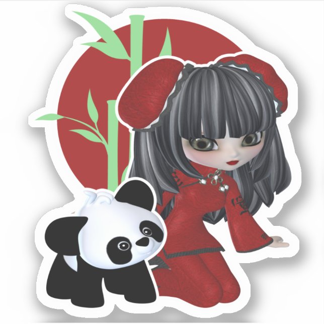 Cute Chinese Girl With Panda And Bamboo (Front)