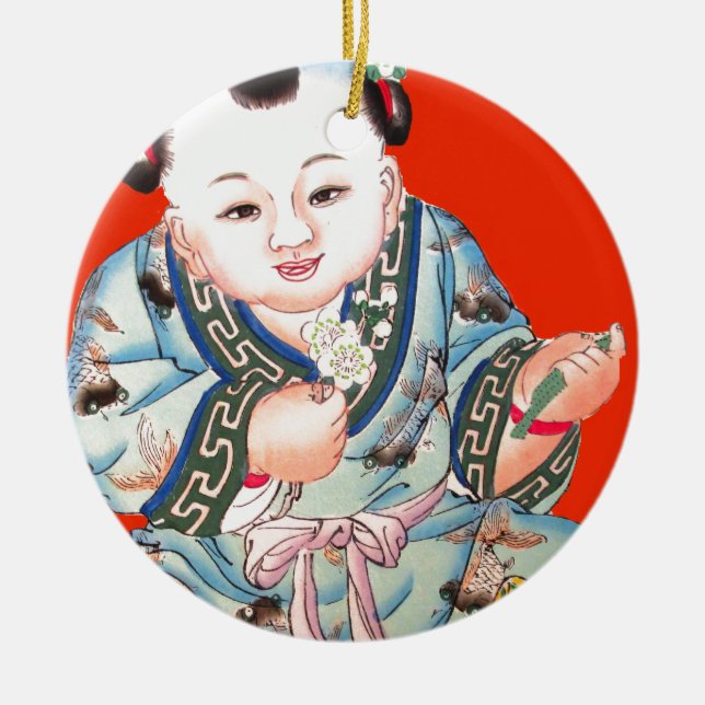 Cute Chinese Laughing Good Luck Buddha on red Ceramic Ornament (Front)