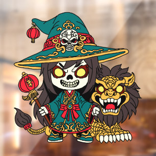 Cute Chinese New Years Witch and Lion Window Cling