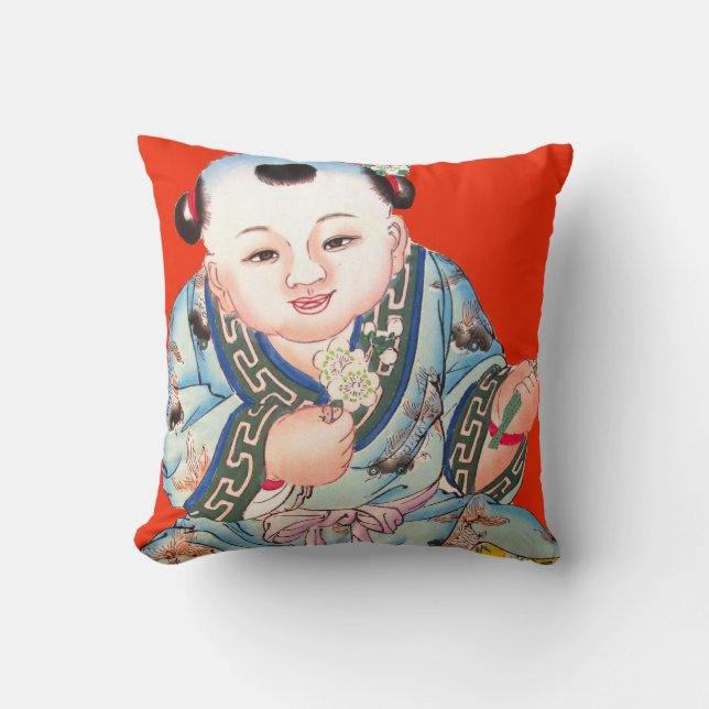 Cute Chinese red laughing Buddha Asian art Throw Pillow (Front)