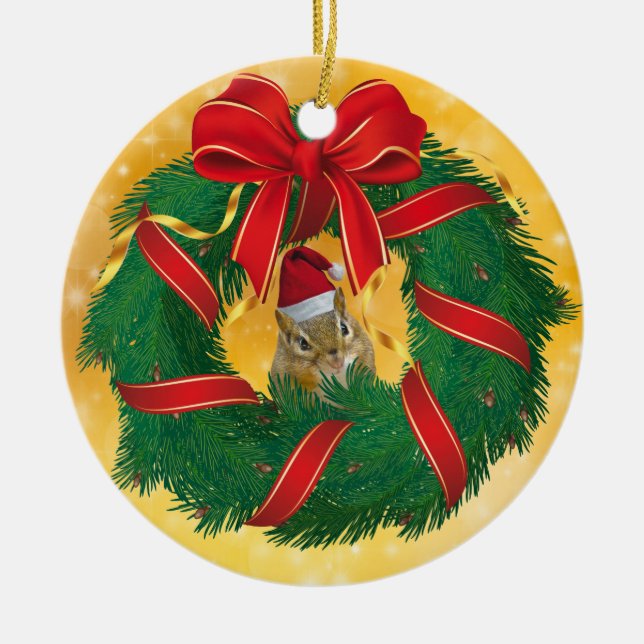 Cute Chipmunk Christmas Wreath Ceramic Ornament (Front)