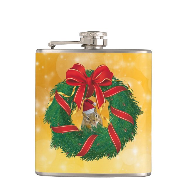 Cute Chipmunk Christmas Wreath Hip Flask (Front)