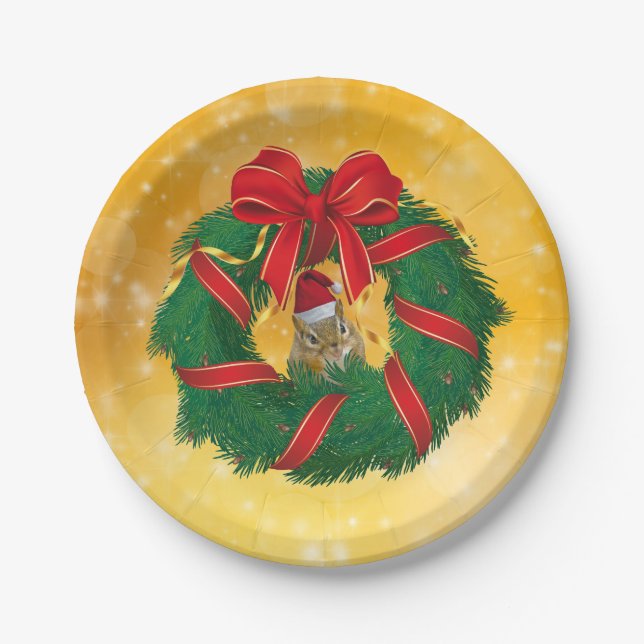 Cute Chipmunk Christmas Wreath Paper Plate (Front)