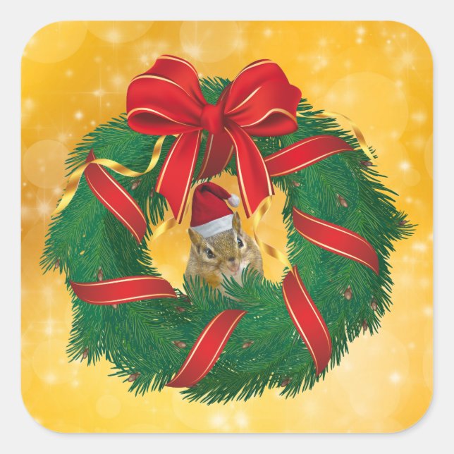 Cute Chipmunk Christmas Wreath Square Sticker (Front)