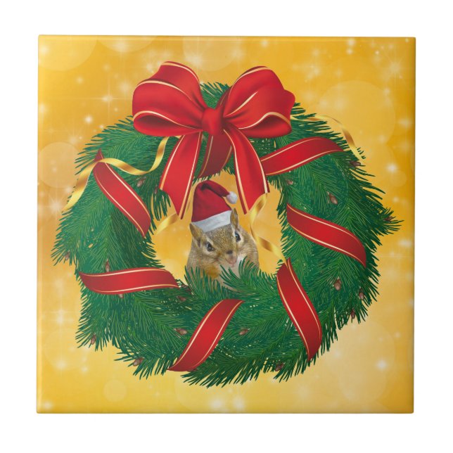 Cute Chipmunk Christmas Wreath Tile (Front)