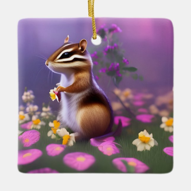 Cute Chipmunk in Flowers  Ceramic Ornament (Front)