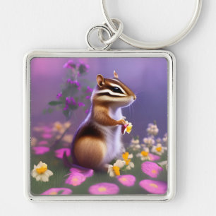 Cute Chipmunk in Flowers  Keychain