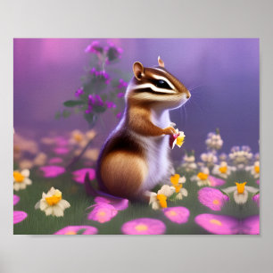 Cute Chipmunk in Flowers Poster