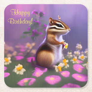 Cute Chipmunk in Flowers  Square Paper Coaster
