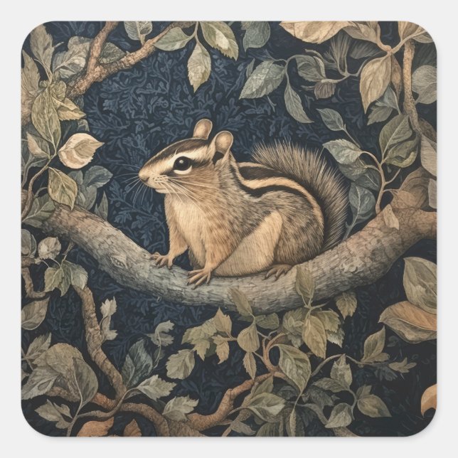Cute Chipmunk in William Morris Style Forest Square Sticker (Front)