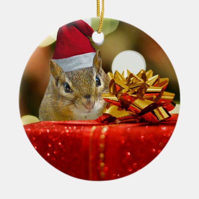 Cute Chipmunk Merry Christmas Ceramic Ornament (Front)
