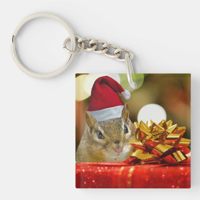 Cute Chipmunk Merry Christmas Keychain (Front)