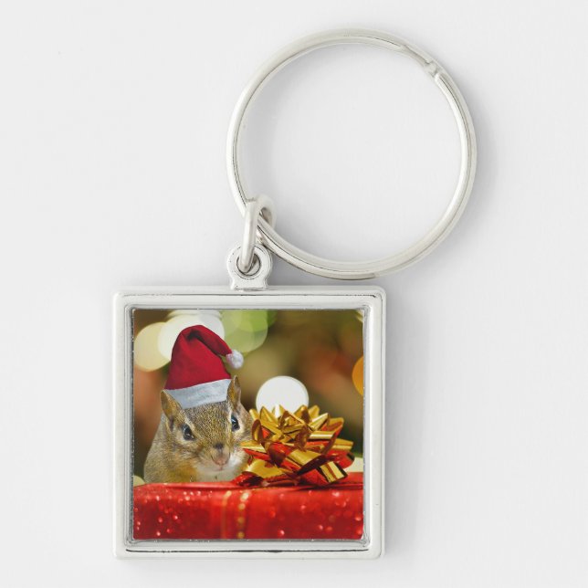 Cute Chipmunk Merry Christmas Keychain (Front)