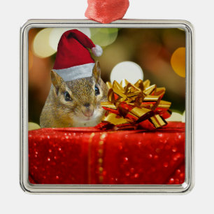Cute Chipmunk Merry Christmas Metal Ornament