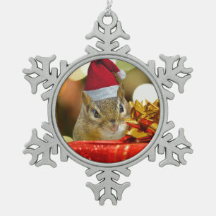 Cute Chipmunk Merry Christmas Snowflake Pewter Christmas Ornament