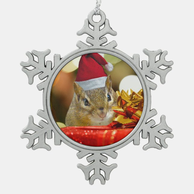 Cute Chipmunk Merry Christmas Snowflake Pewter Christmas Ornament (Front)