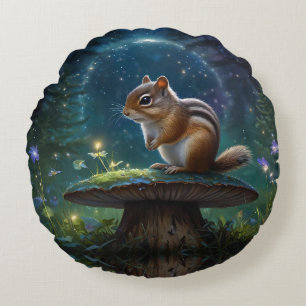 Cute Chipmunk on Mushroom in Moonlight Round Pillow