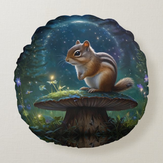 Cute Chipmunk on Mushroom in Moonlight Round Pillow (Front)