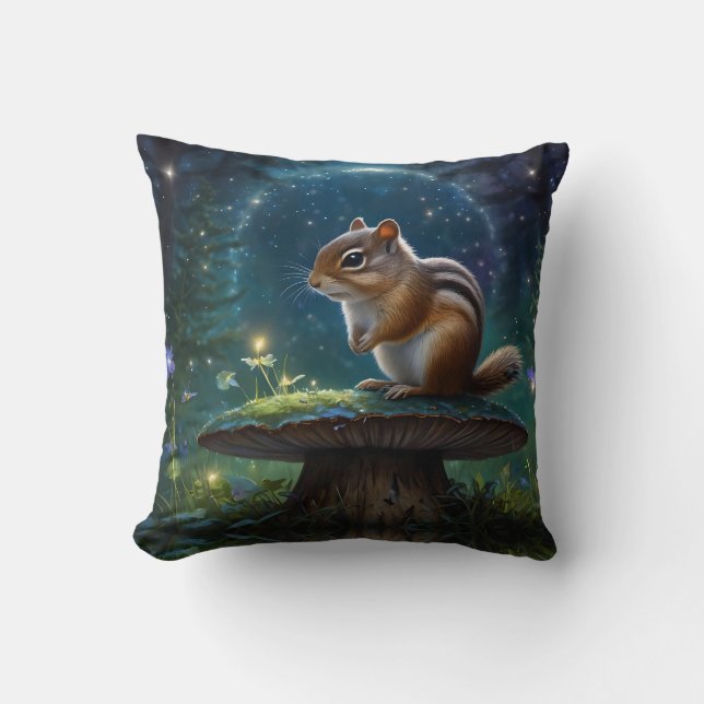 Cute Chipmunk on Mushroom in Moonlight Throw Pillow (Front)