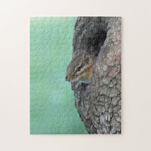 Cute Chipmunk Peeking Out of Hole In Tree Jigsaw Puzzle