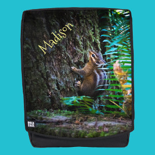 Cute Chipmunk Photo Mossy Tree, Green Forest Ferns Backpack