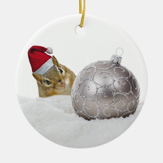 Cute Chipmunk Silver and Snow Christmas Holiday Ceramic Ornament (Front)