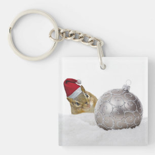 Cute Chipmunk Silver and Snow Christmas Holiday Keychain